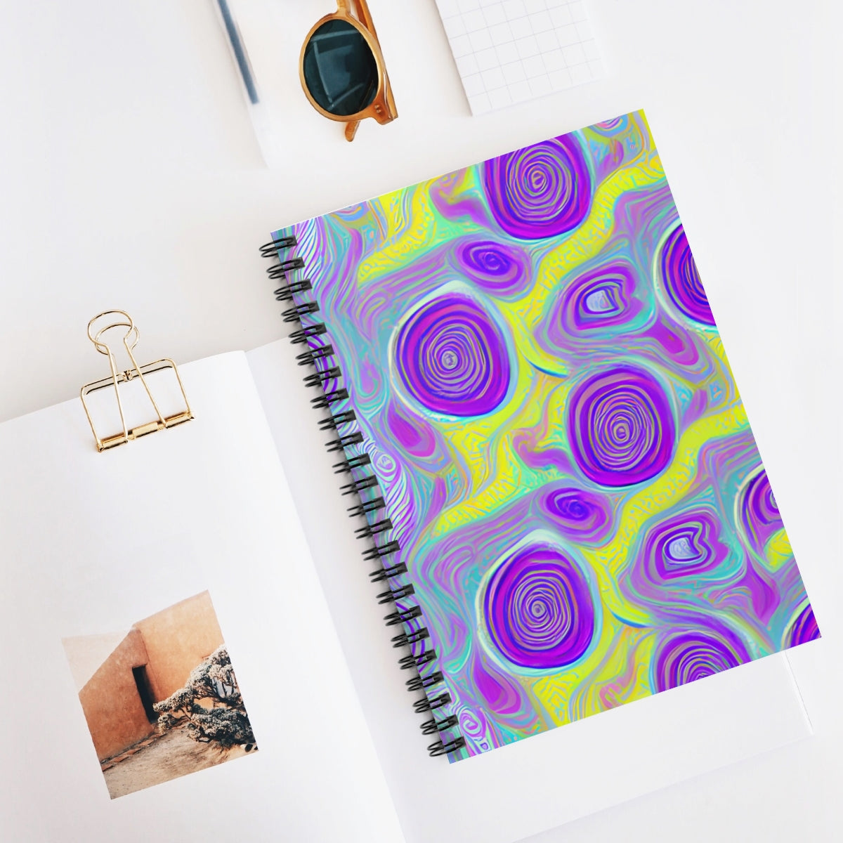Colorful Spiral Notebook with Swirls - Purple, Yellow & Blue