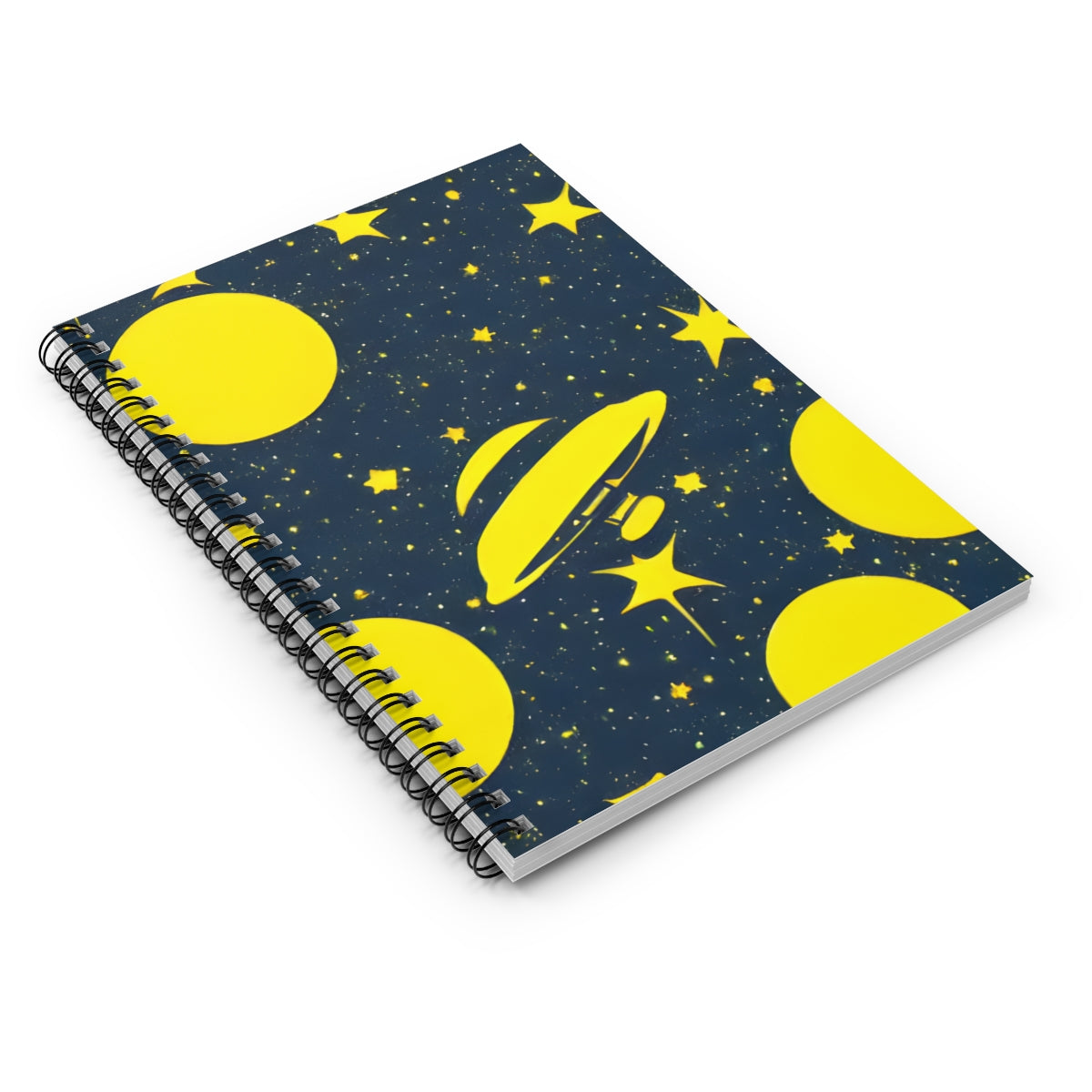 Galactic Yellow Spiral Notebook with Spacecraft and Stars