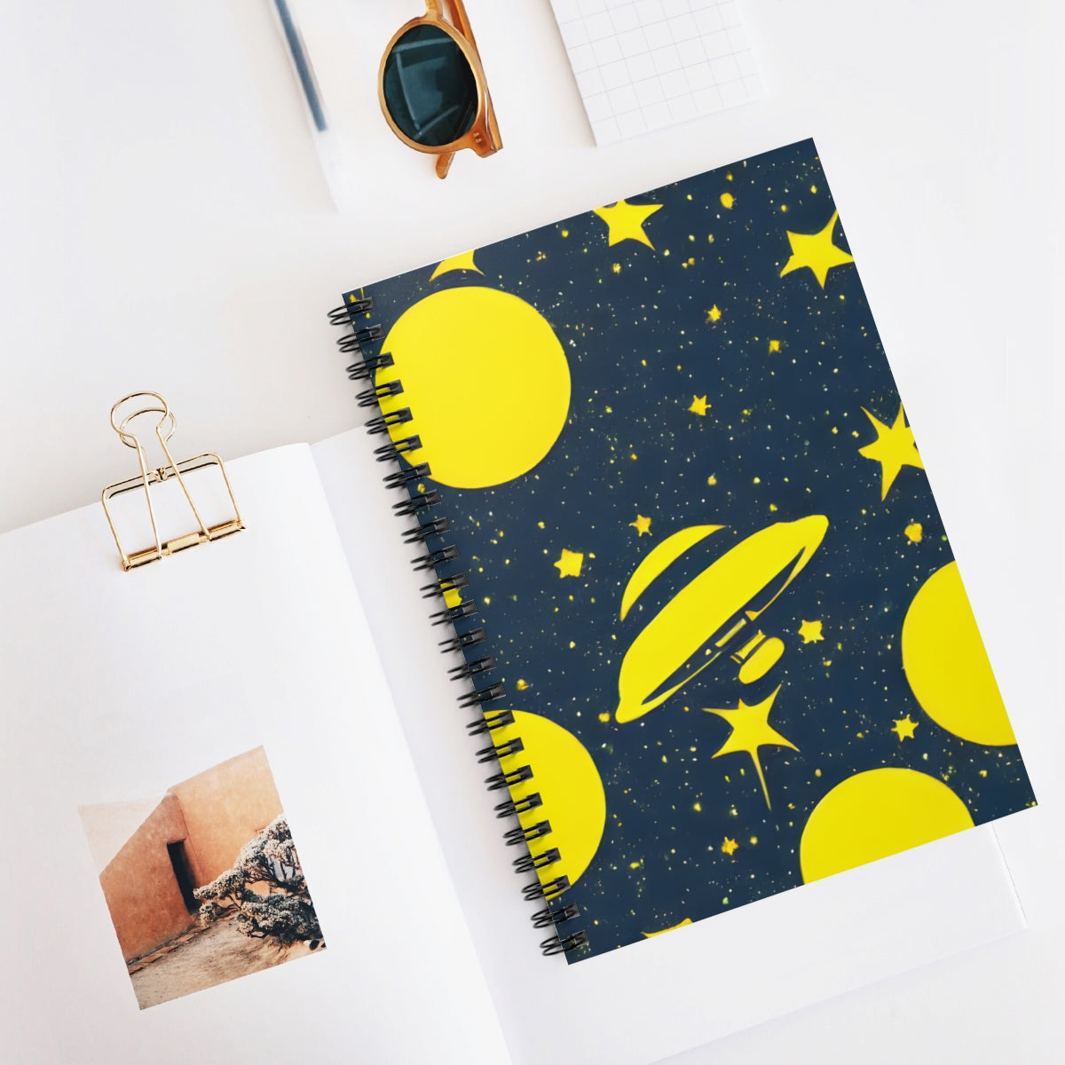 Galactic Yellow Spiral Notebook with Spacecraft and Stars