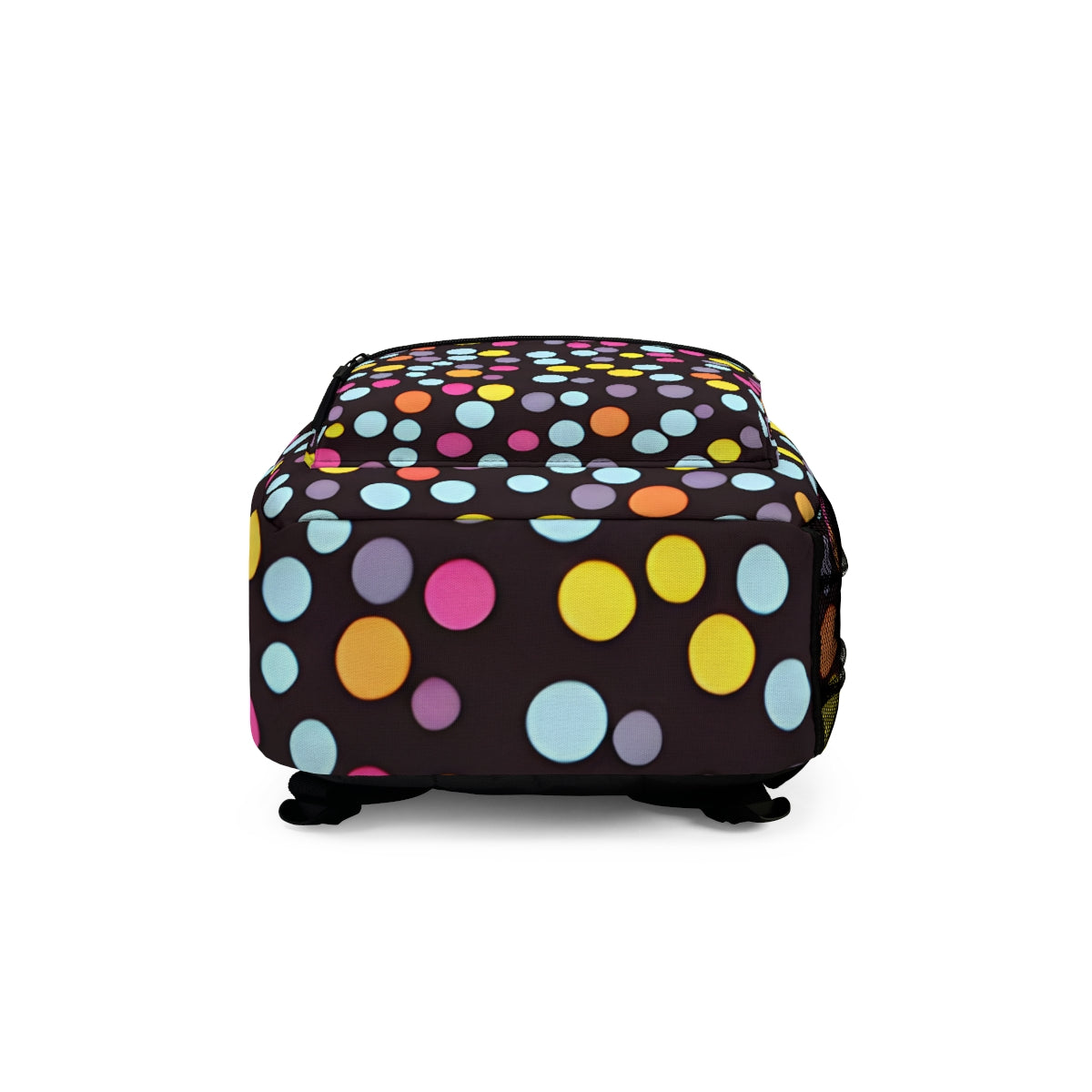 Colorful Polka Dots on a Classic Black Backpack: The Perfect Accessory for Any Occasion