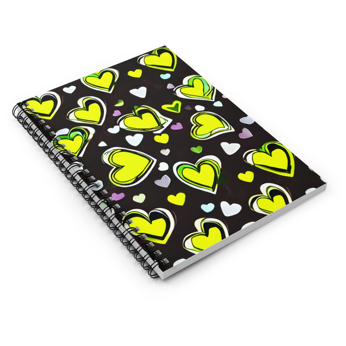 Heartfelt Style: Black Spiral Notebook with Yellow and Green Hearts