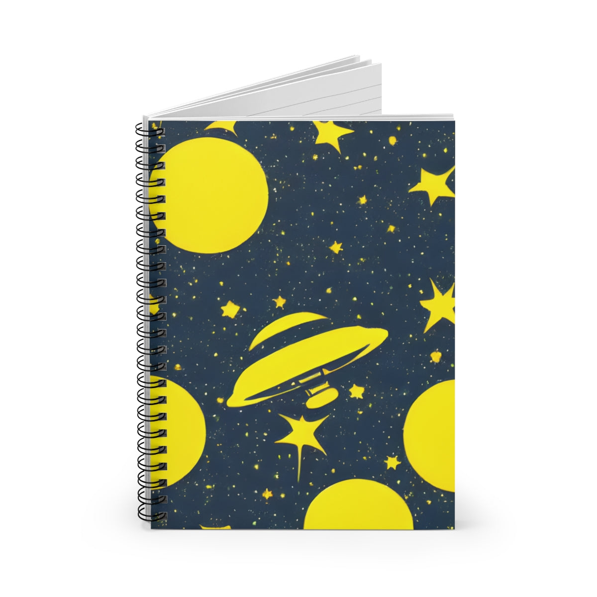 Fly to the Stars: Yellow Spaceship Spiral Notebook