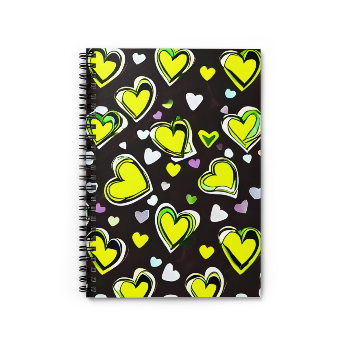 Heartfelt Style: Black Spiral Notebook with Yellow and Green Hearts