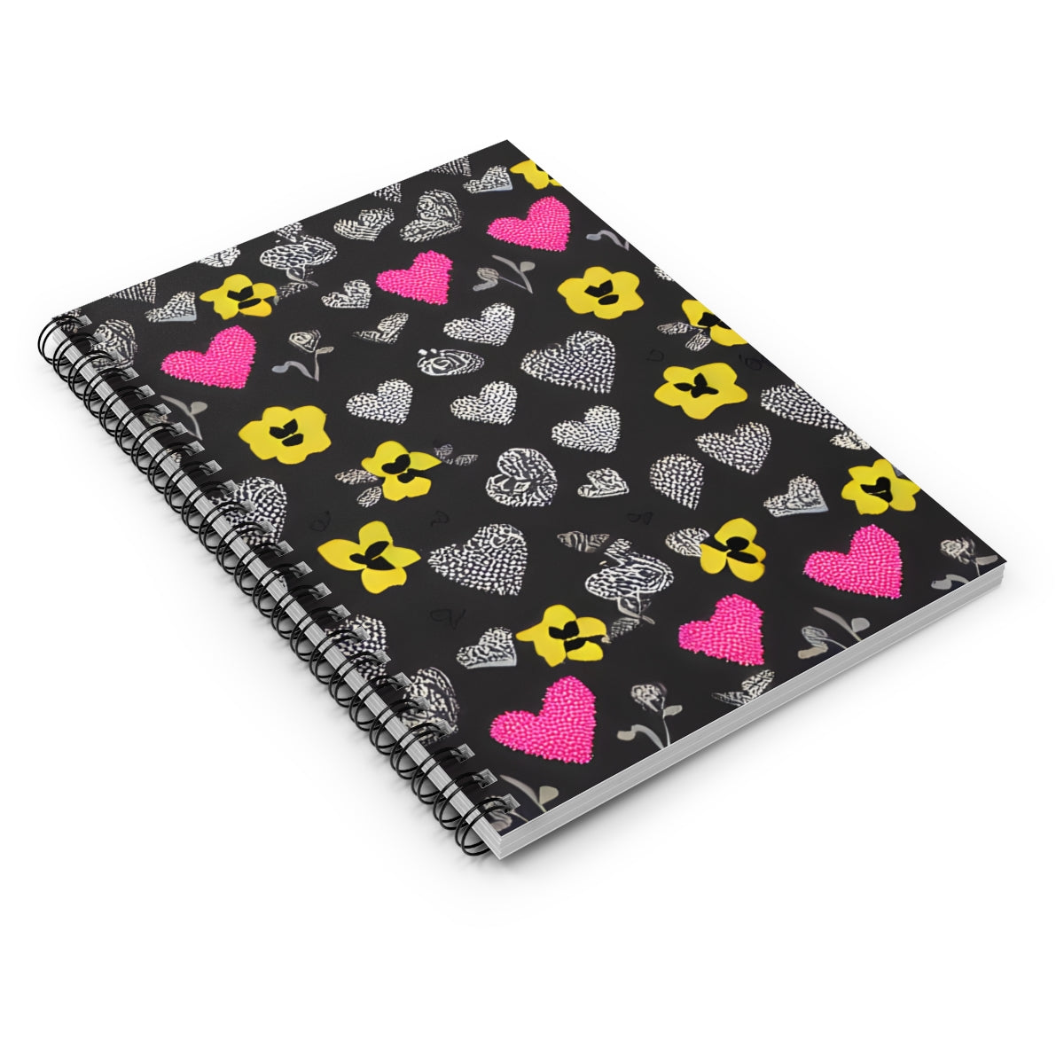 Heart and Flower Adorned Black and Yellow Spiral Notebook