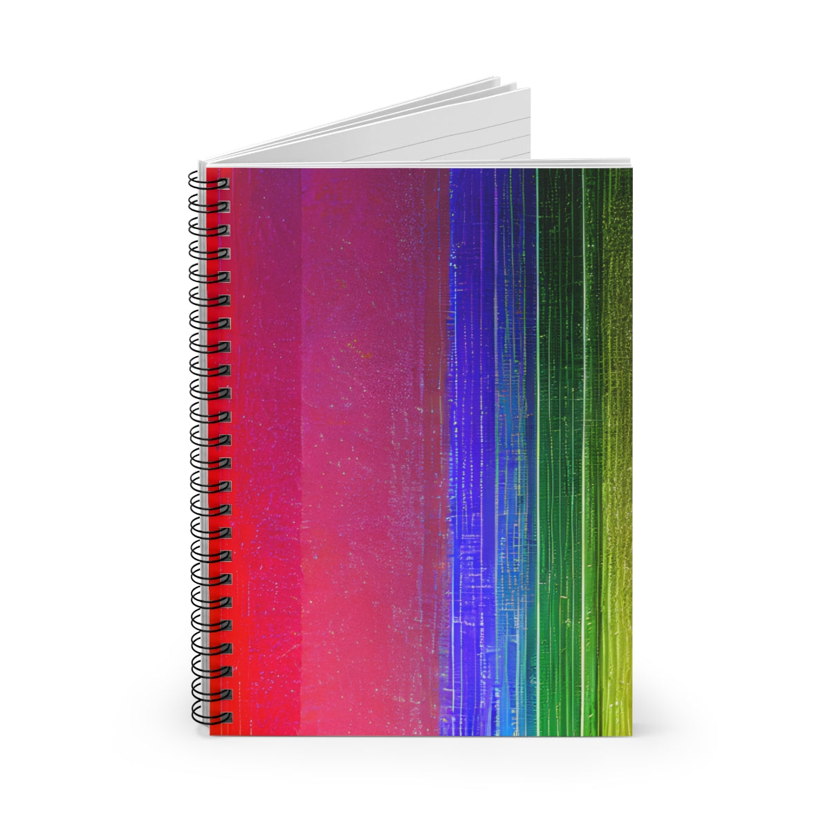 Colorful lined spiral notebook for creative writing and note-taking.