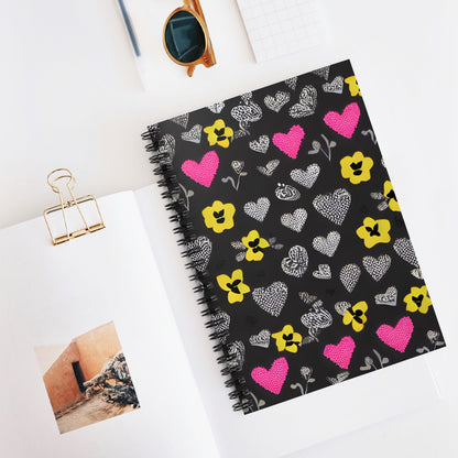 Heart and Flower Adorned Black and Yellow Spiral Notebook