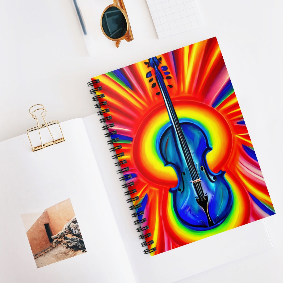 Vibrant Spiral Notebook with a Whimsical Violin Design