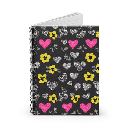 Heart and Flower Adorned Black and Yellow Spiral Notebook