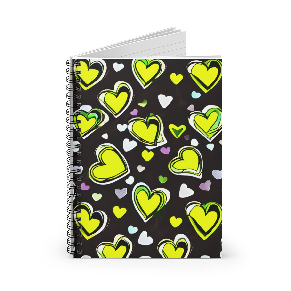 Heartfelt Style: Black Spiral Notebook with Yellow and Green Hearts