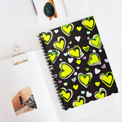 Heartfelt Style: Black Spiral Notebook with Yellow and Green Hearts