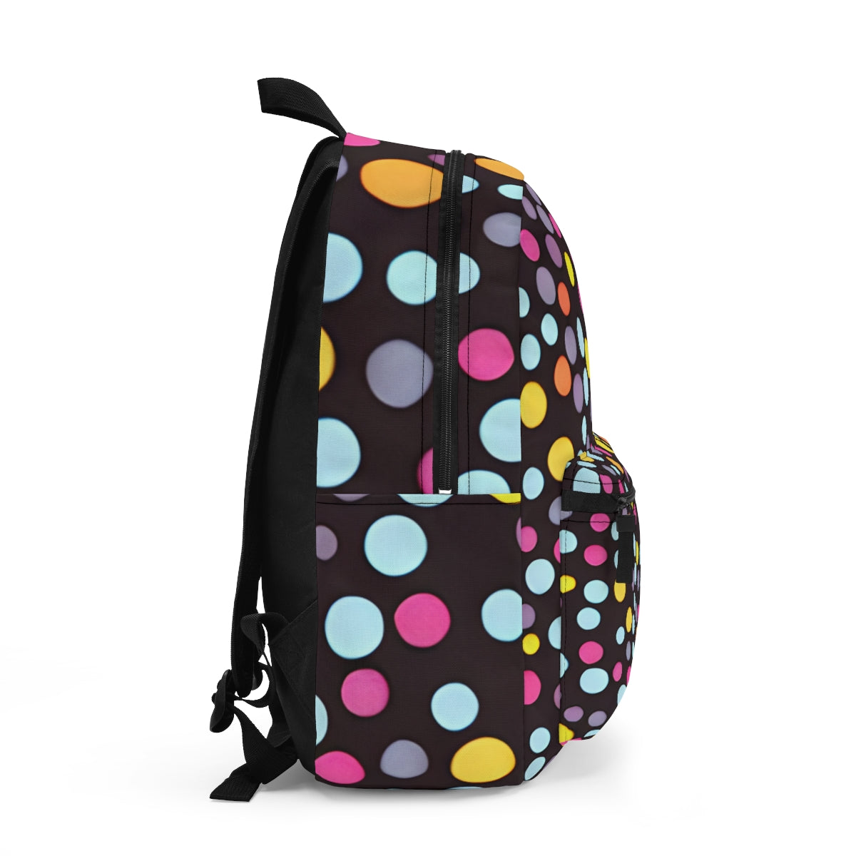 Colorful Polka Dots on a Classic Black Backpack: The Perfect Accessory for Any Occasion