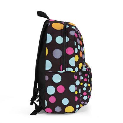 Colorful Polka Dots on a Classic Black Backpack: The Perfect Accessory for Any Occasion