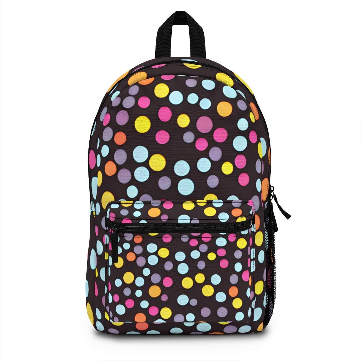 Colorful Polka Dots on a Classic Black Backpack: The Perfect Accessory for Any Occasion