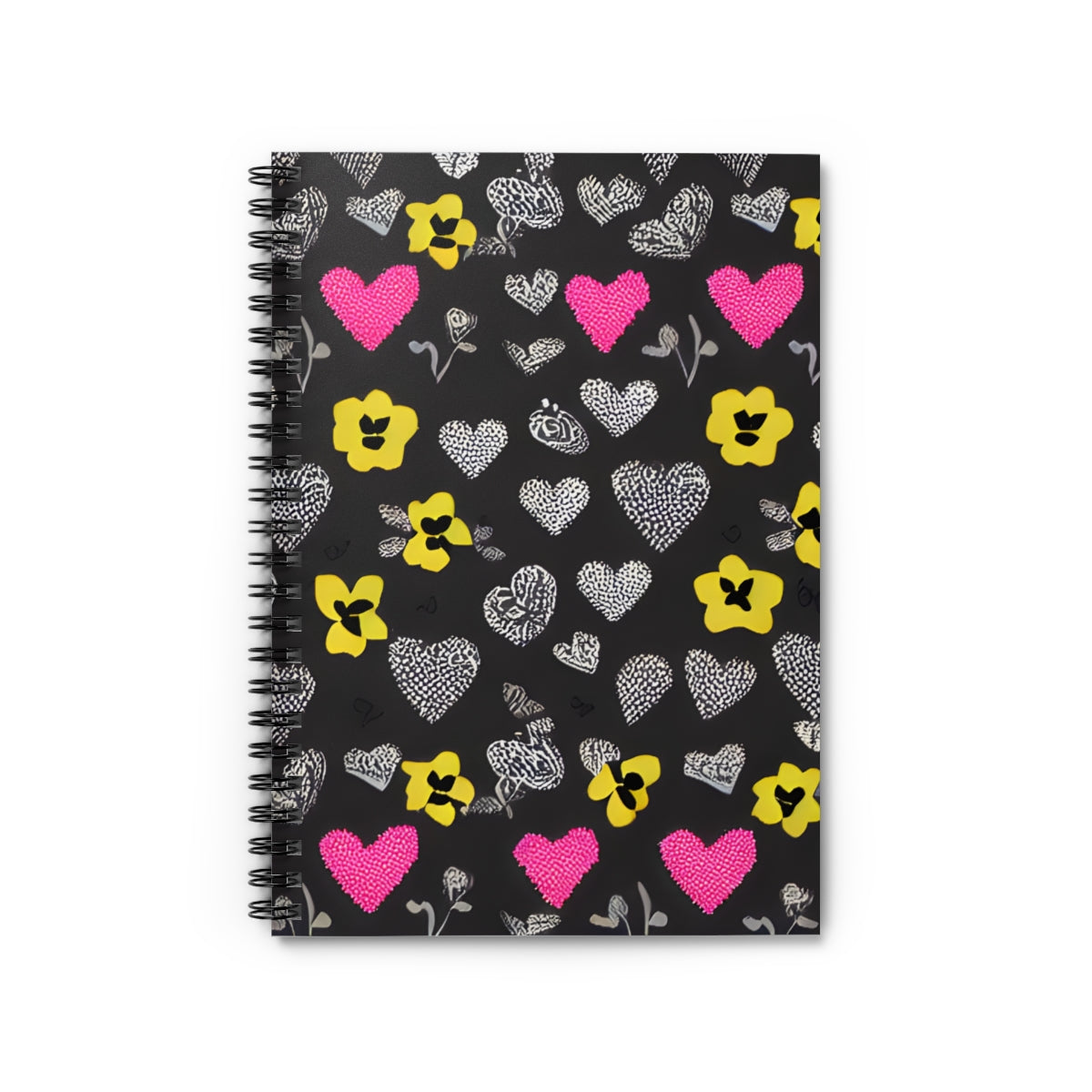 Heart and Flower Adorned Black and Yellow Spiral Notebook